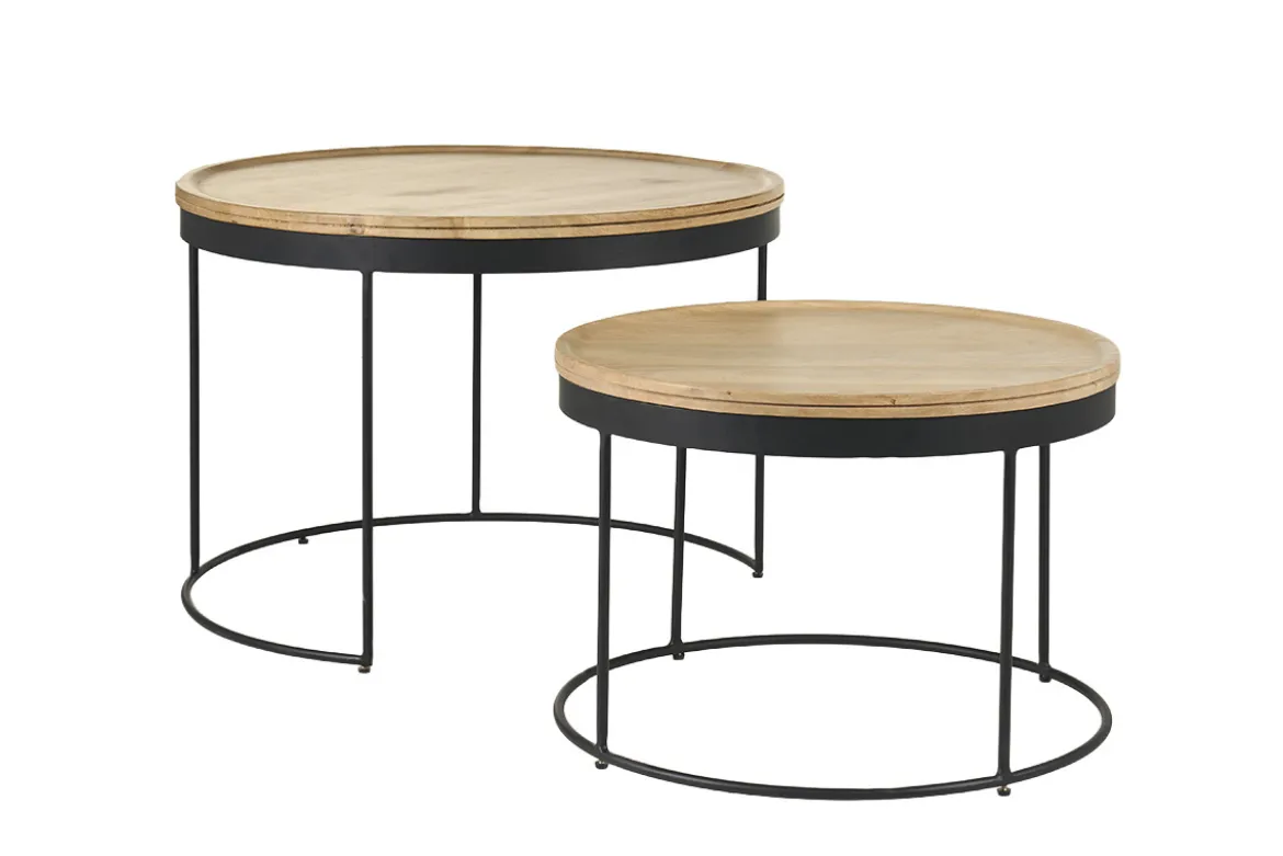 Tables basses gigognes rondes bois manguier massif et métal noir (lot de 2) LEDGE