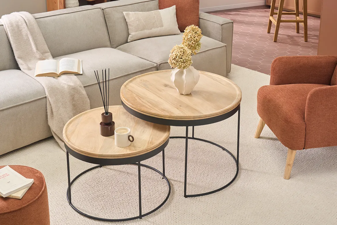 Tables basses gigognes rondes bois manguier massif et métal noir (lot de 2) LEDGE