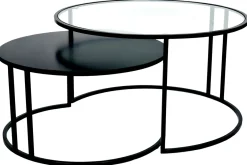 Tables basses gigognes rondes design verre trempé et métal noir TAHL (lot de 2)