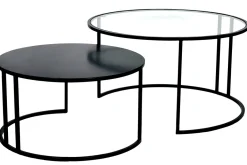 Tables basses gigognes rondes design verre trempé et métal noir TAHL (lot de 2)