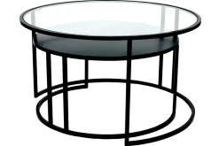 Tables basses gigognes rondes design verre trempé et métal noir TAHL (lot de 2)