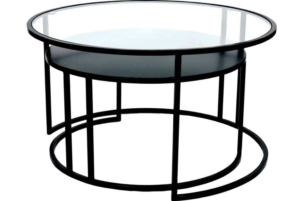 Tables basses gigognes rondes design verre trempé et métal noir TAHL (lot de 2)