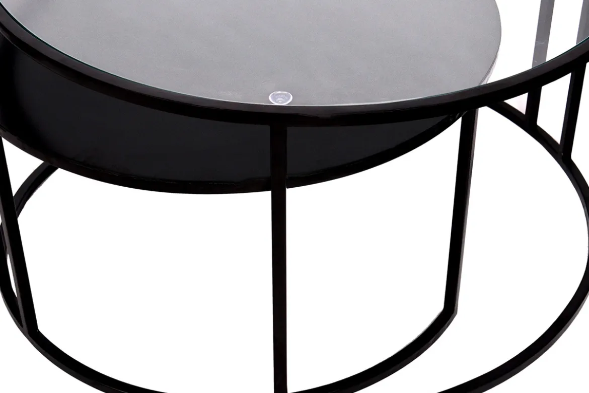 Tables basses gigognes rondes design verre trempé et métal noir TAHL (lot de 2)