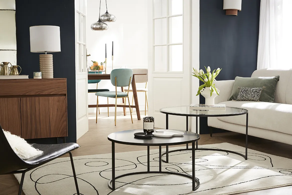 Tables basses gigognes rondes design verre trempé et métal noir TAHL (lot de 2)