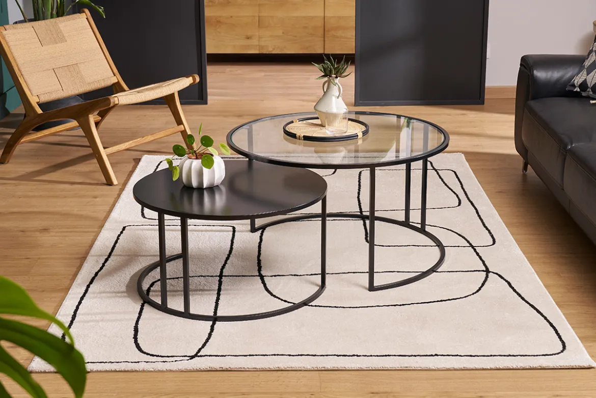 Tables basses gigognes rondes design verre trempé et métal noir TAHL (lot de 2)