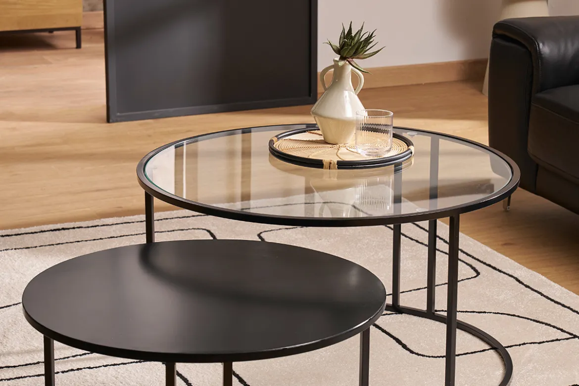Tables basses gigognes rondes design verre trempé et métal noir TAHL (lot de 2)