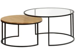 Tables basses gigognes rondes verre trempé, bois manguier massif et métal noir (lot de 2) TAHL