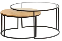 Tables basses gigognes rondes verre trempé, bois manguier massif et métal noir (lot de 2) TAHL
