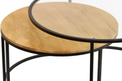 Tables basses gigognes rondes verre trempé, bois manguier massif et métal noir (lot de 2) TAHL
