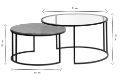 Tables basses gigognes rondes verre trempé, bois manguier massif et métal noir (lot de 2) TAHL