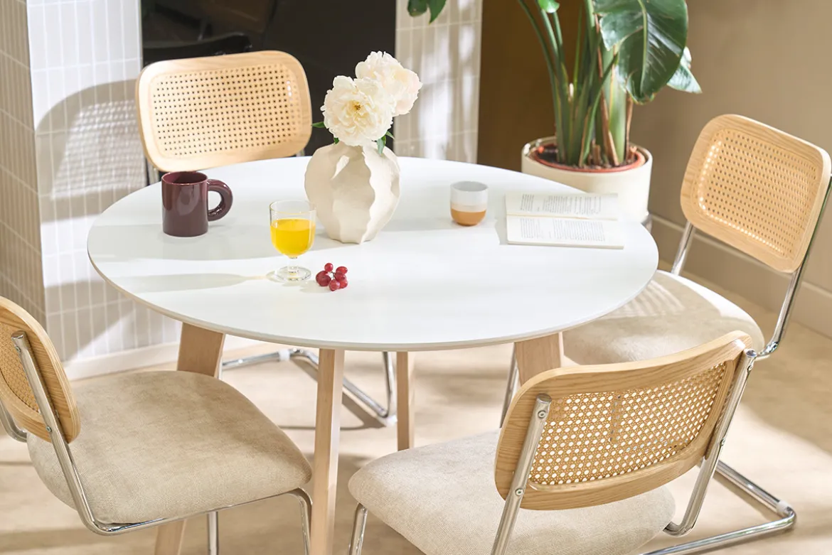 Table scandinave ronde blanc et bois D100 cm LEENA