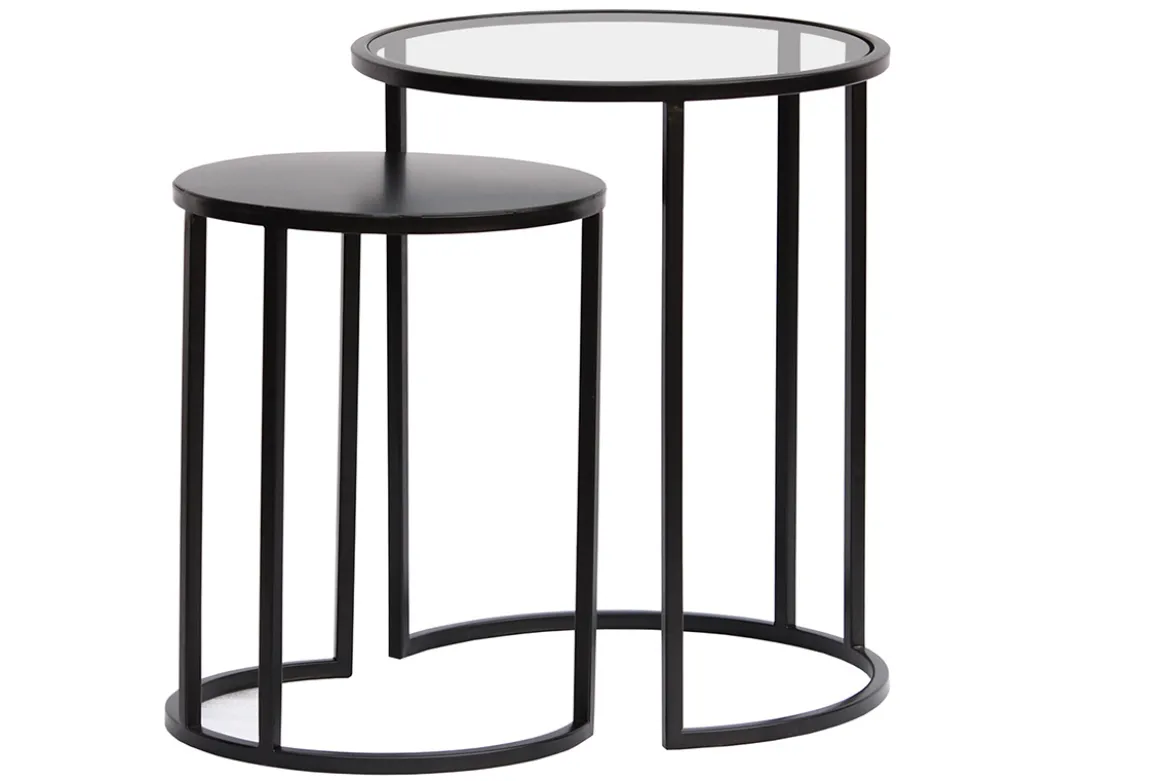 Tables d'appoint gigognes en verre trempé et métal noir TAHL