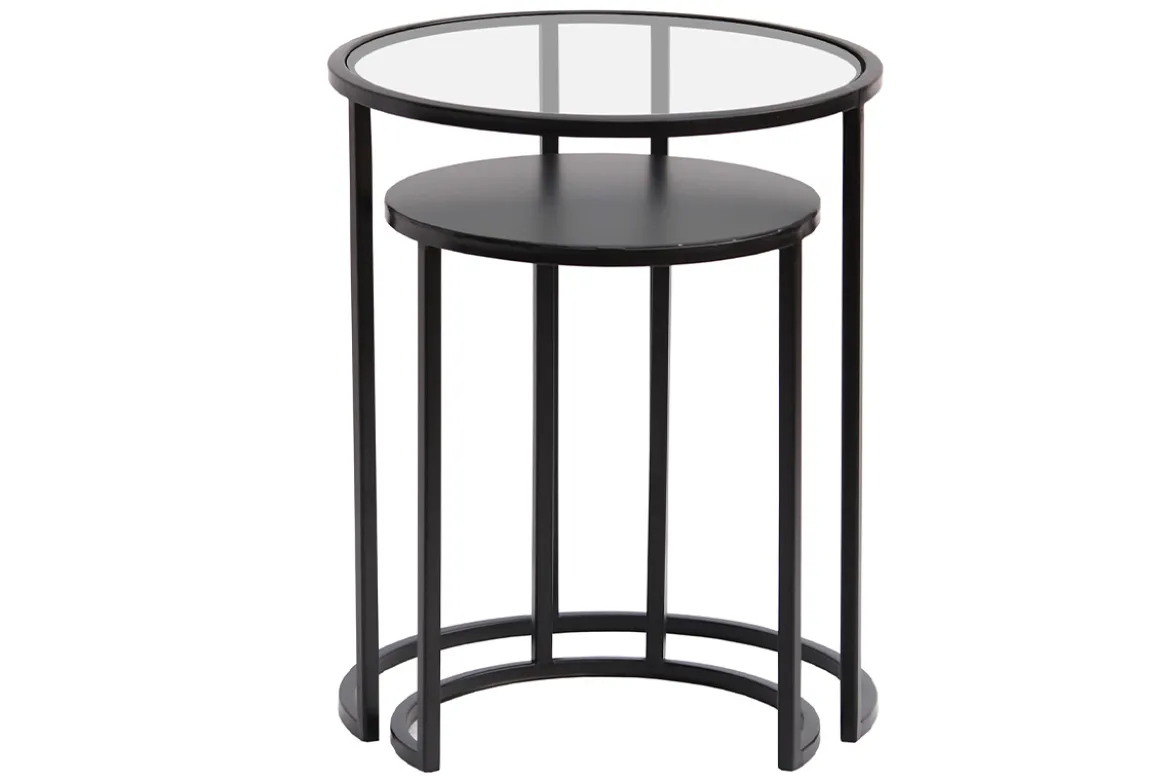 Tables d'appoint gigognes en verre trempé et métal noir TAHL