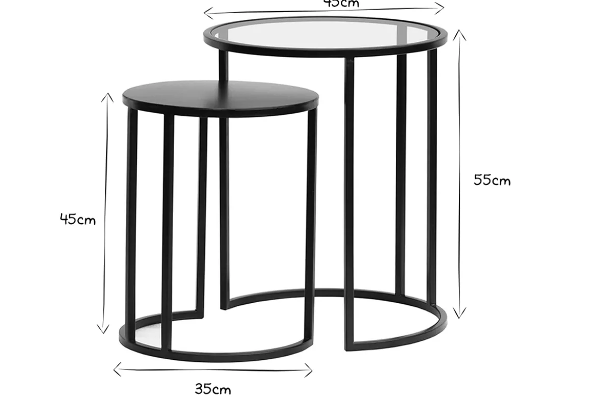Tables d'appoint gigognes en verre trempé et métal noir TAHL