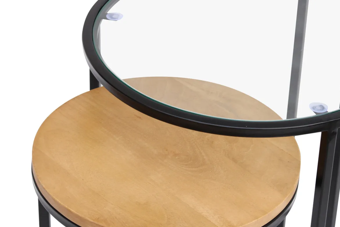 Tables d'appoint gigognes en verre trempé et bois manguier massif TAHL
