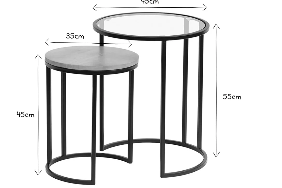 Tables d'appoint gigognes en verre trempé et bois manguier massif TAHL