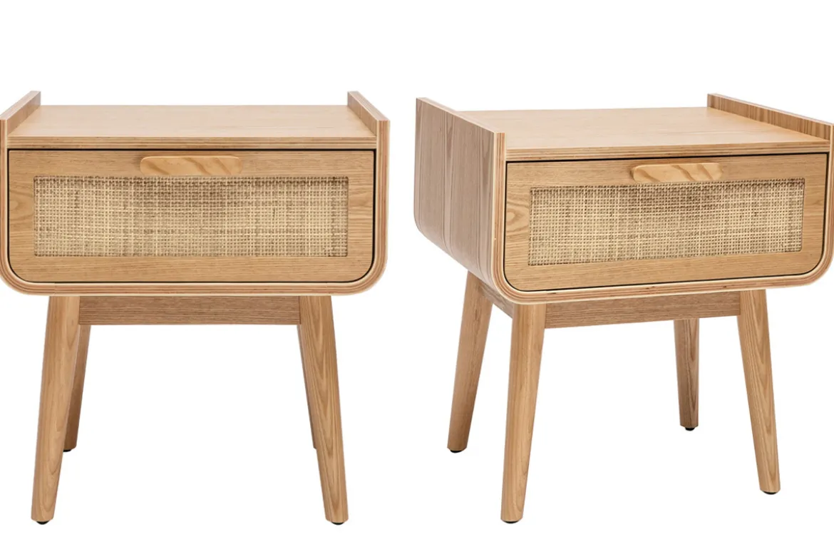 Tables de chevet avec tiroir en bois clair frêne et cannage rotin (lot de 2) ATHÈNE