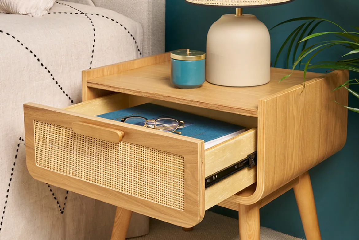 Tables de chevet avec tiroir en bois clair frêne et cannage rotin (lot de 2) ATHÈNE