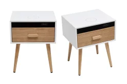 Tables de chevet connectées multimédia blanc mat et bois clair massif (lot de 2) PAVAN