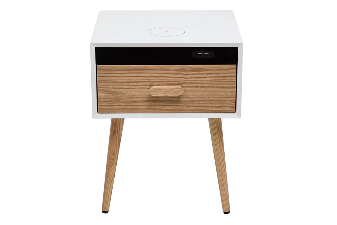 Tables de chevet connectées multimédia blanc mat et bois clair massif (lot de 2) PAVAN
