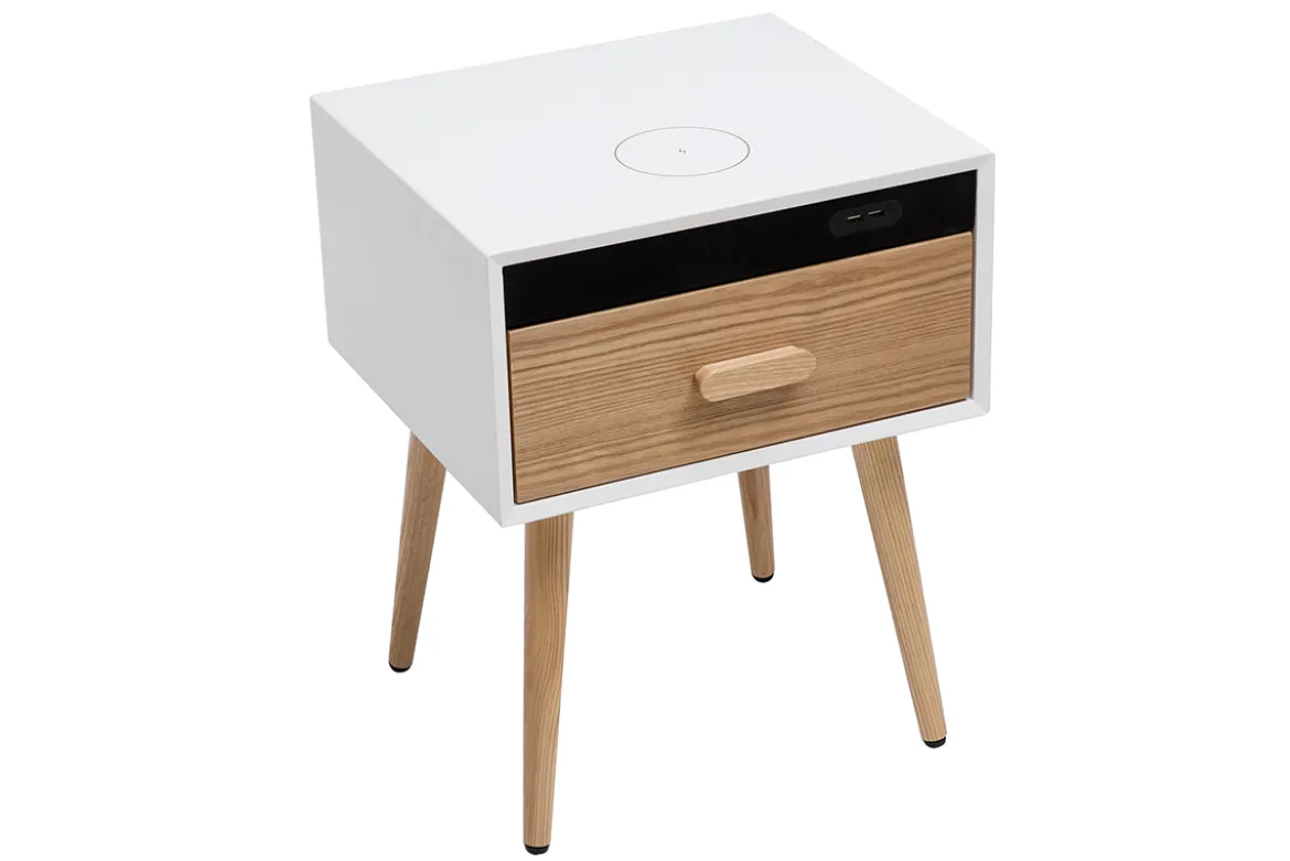 Tables de chevet connectées multimédia blanc mat et bois clair massif (lot de 2) PAVAN