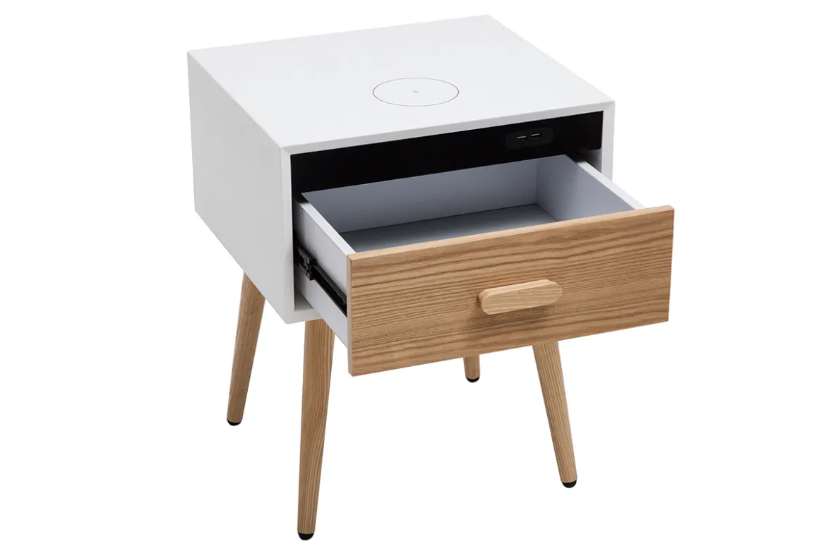 Tables de chevet connectées multimédia blanc mat et bois clair massif (lot de 2) PAVAN