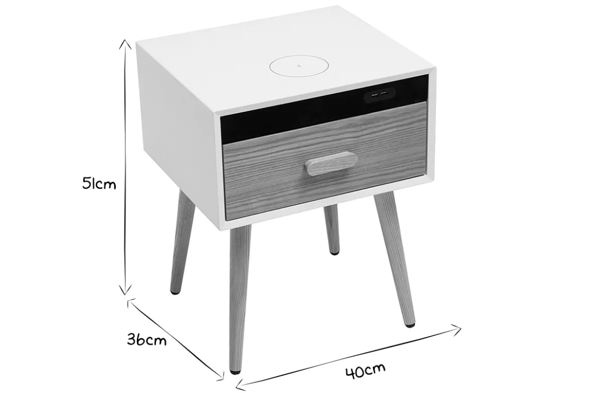 Tables de chevet connectées multimédia blanc mat et bois clair massif (lot de 2) PAVAN