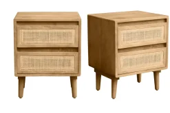 Tables de chevet en bois manguier massif et cannage rotin avec rangements 2 tiroirs (lot de 2) ACANGE
