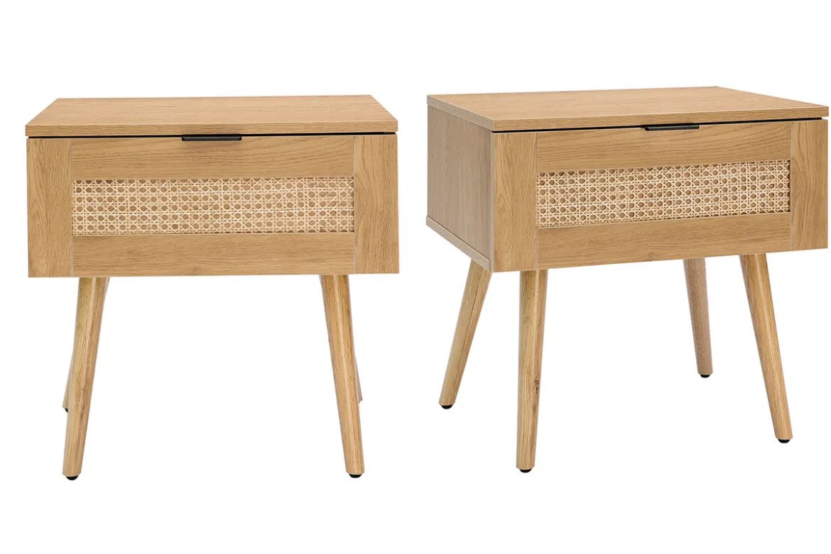 Tables de chevet finition bois clair, cannage rotin et métal noir (lot de 2) MANILLE