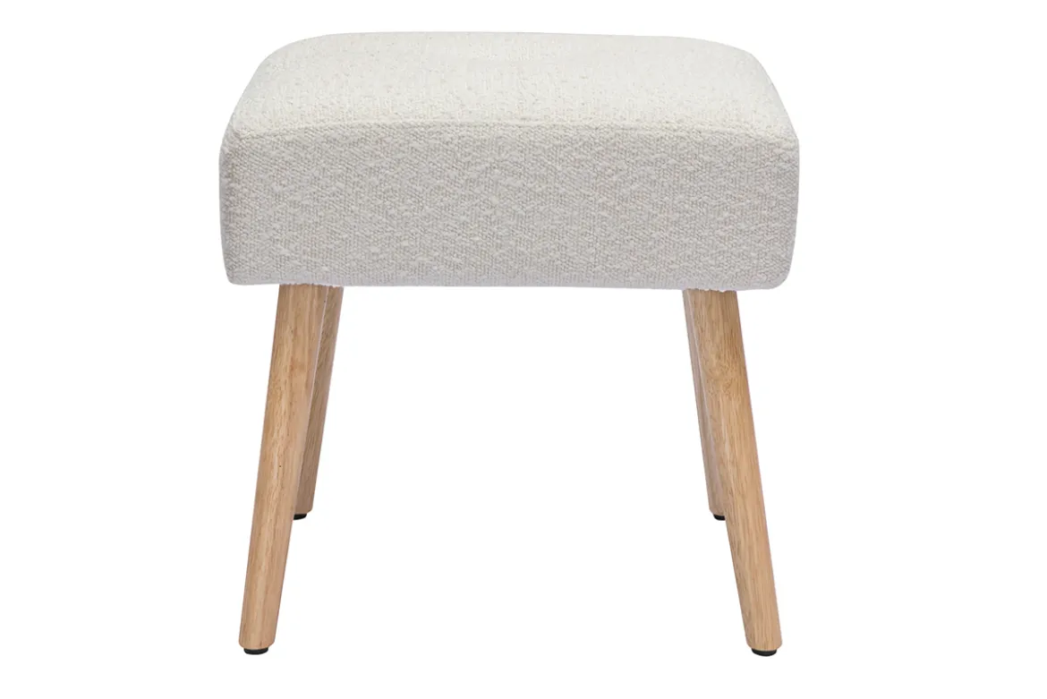 Tabouret bas en tissu effet laine bouclée blanc et bois clair massif H46 cm GUESTA