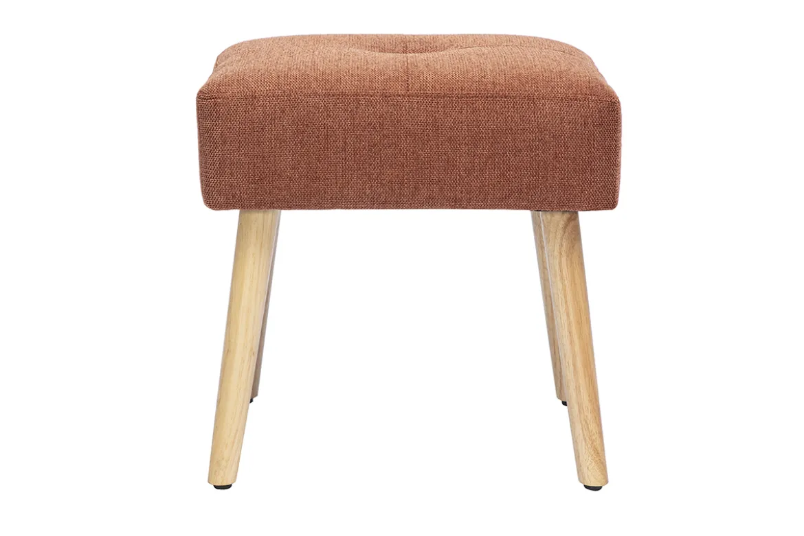 Tabouret bas en tissu effet velours texturé terre brûlée et bois clair massif H46 cm GUESTA