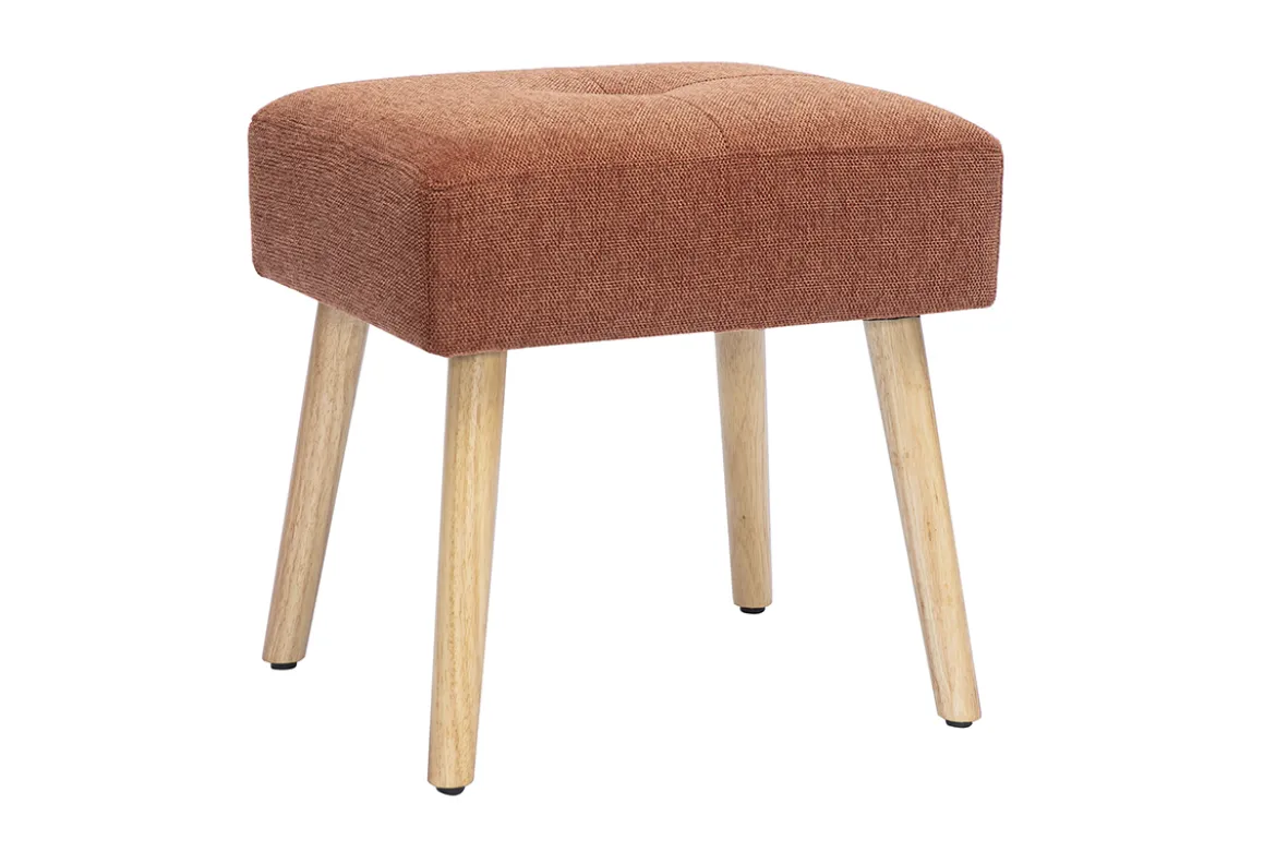 Tabouret bas en tissu effet velours texturé terre brûlée et bois clair massif H46 cm GUESTA