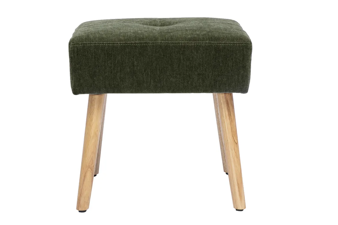 Tabouret bas en tissu effet velours vert kaki et bois clair massif H46 cm GUESTA