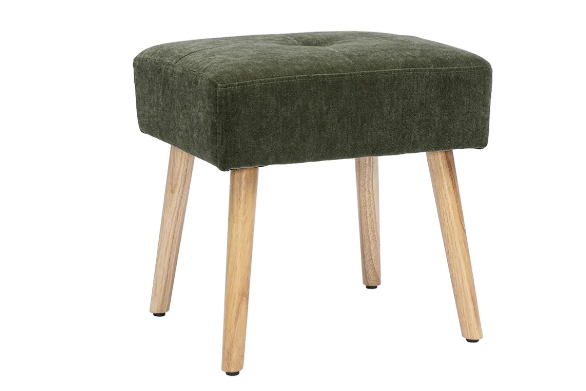 Tabouret bas en tissu effet velours vert kaki et bois clair massif H46 cm GUESTA