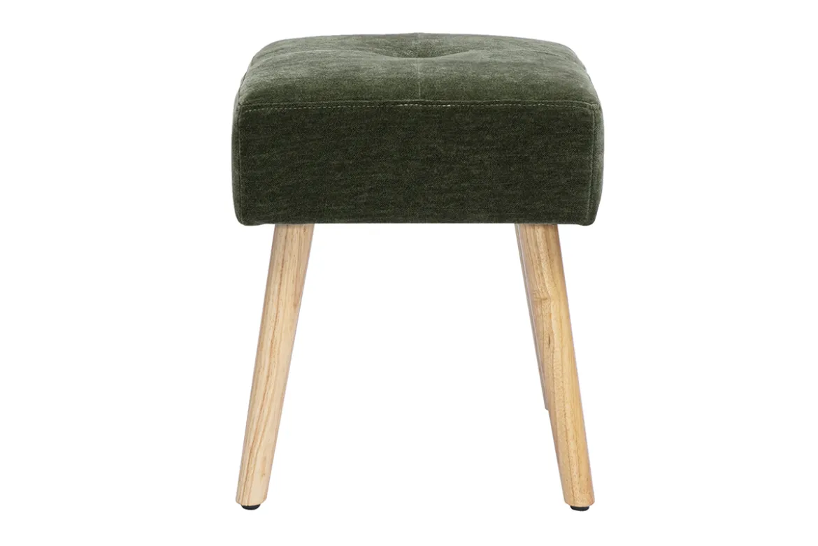 Tabouret bas en tissu effet velours vert kaki et bois clair massif H46 cm GUESTA