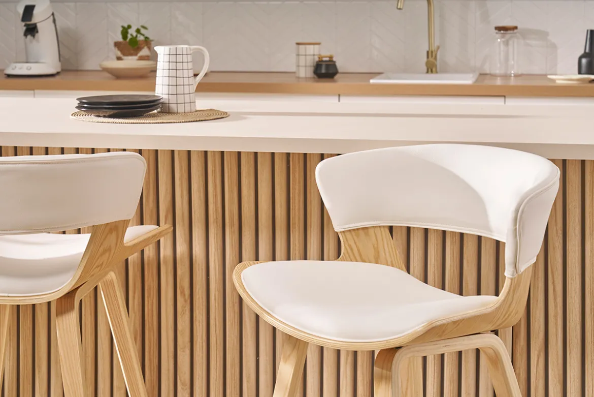 Tabouret de bar design blanc et bois clair H65 cm SYRAH