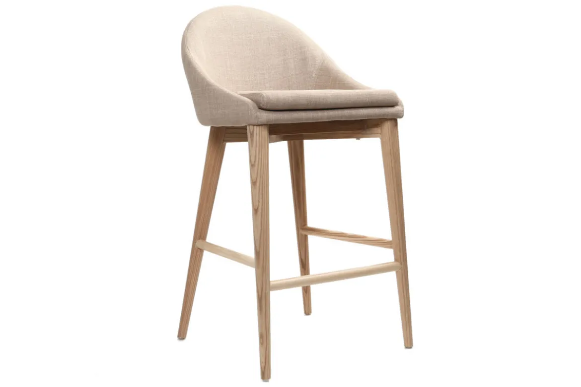 Tabouret de bar design en tissu beige et bois clair 65 cm DALIA