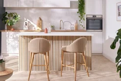 Tabouret de bar design en tissu beige et bois clair 65 cm DALIA