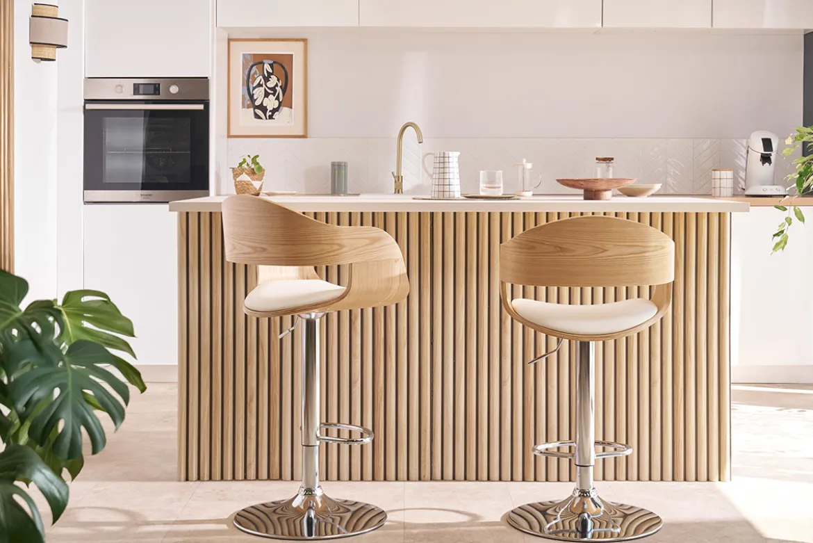 Tabouret de bar design réglable blanc et bois clair EUSTACHE
