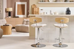 Tabouret de bar design réglable en tissu effet velours texturé beige et métal VASCO
