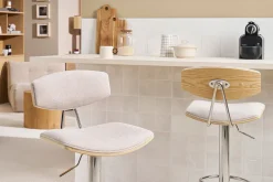 Tabouret de bar design réglable en tissu effet velours texturé beige et métal VASCO