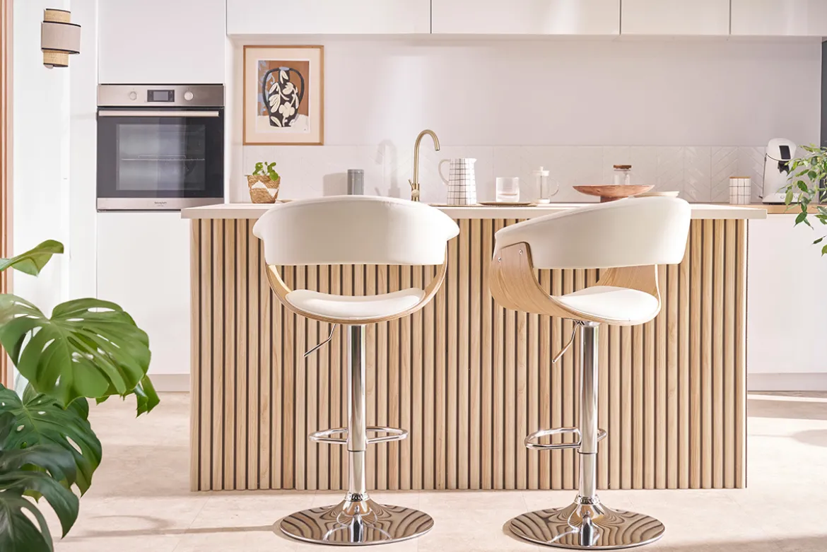 Tabouret de bar design réglable blanc et bois clair OKTAV