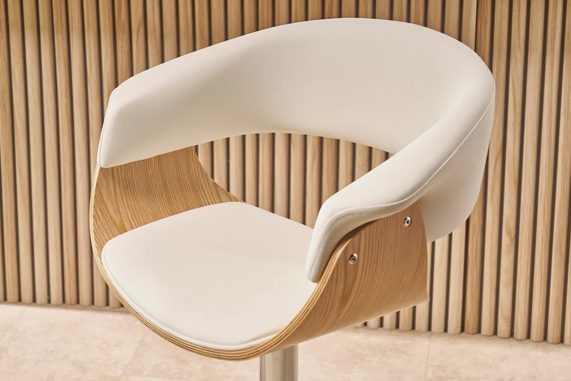 Tabouret de bar design réglable blanc et bois clair OKTAV