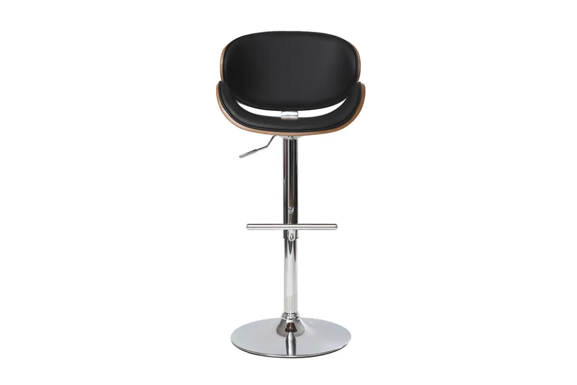 Tabouret de bar design réglable noir, bois foncé et métal chromé WALNUT