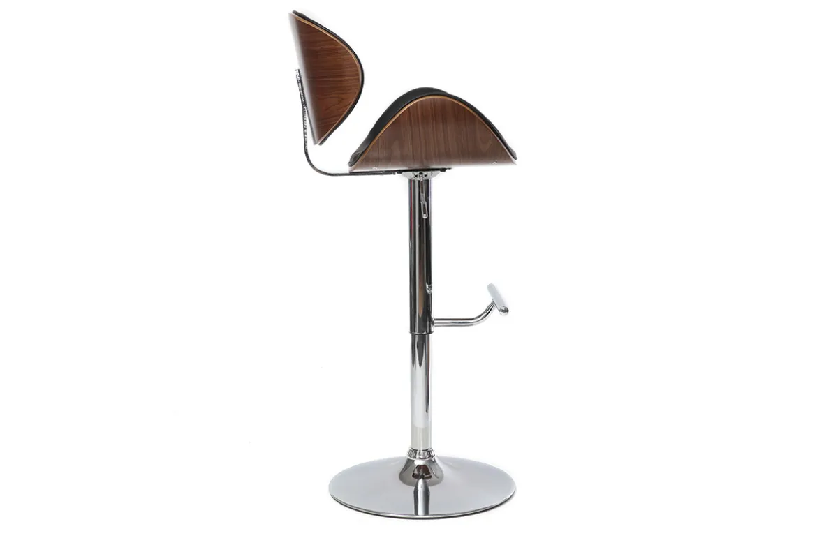 Tabouret de bar design réglable noir, bois foncé et métal chromé WALNUT