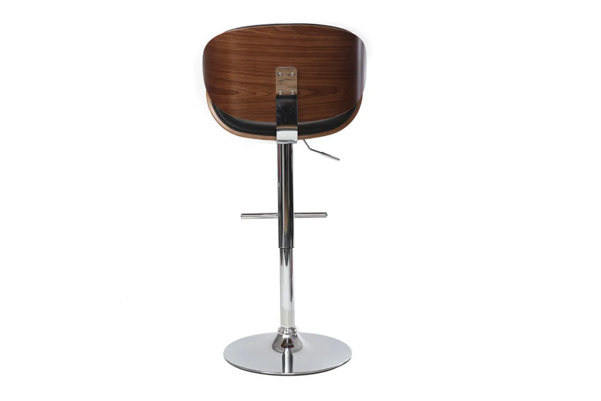Tabouret de bar design réglable noir, bois foncé et métal chromé WALNUT