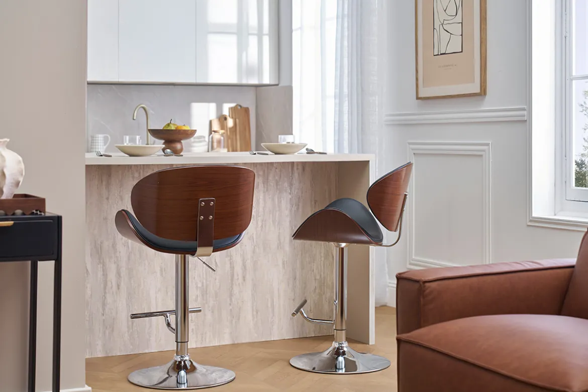 Tabouret de bar design réglable noir, bois foncé et métal chromé WALNUT