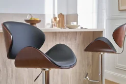 Tabouret de bar design réglable noir, bois foncé et métal chromé WALNUT