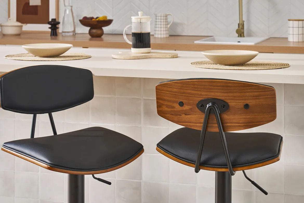 Tabouret de bar design réglable noir et bois foncé VASCO
