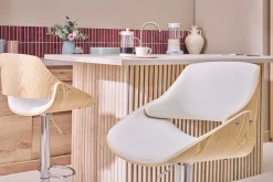 Tabouret de bar design réglable pivotant 360° blanc et bois clair CLASH